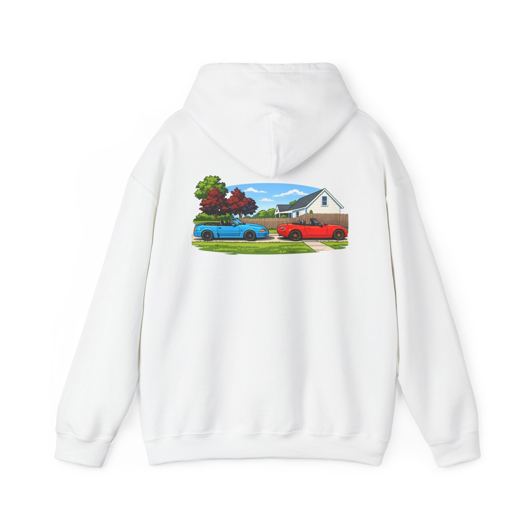 Classic sports cars Hoodie — Vintage Red & Blue Trucks Home Scene