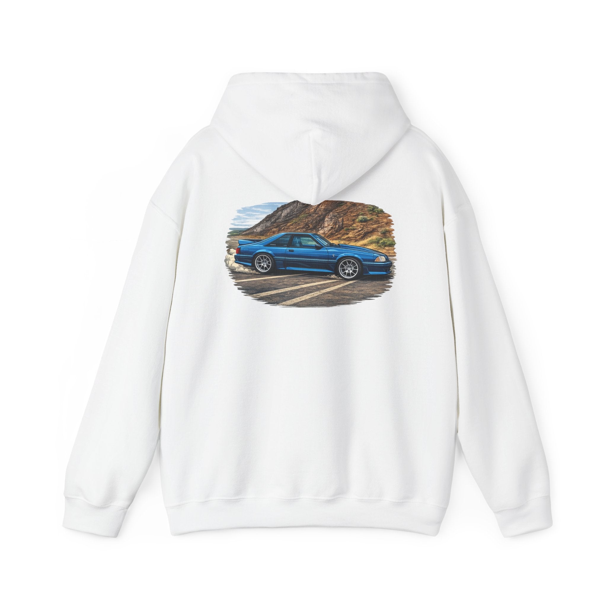 Car Enthusiast Hoodie – Blue Mustang Car Scenic Back Print