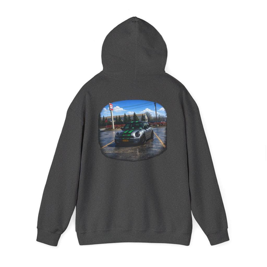 Car Enthusiast Hoodie — Mini Cooper Rainy Parking Print