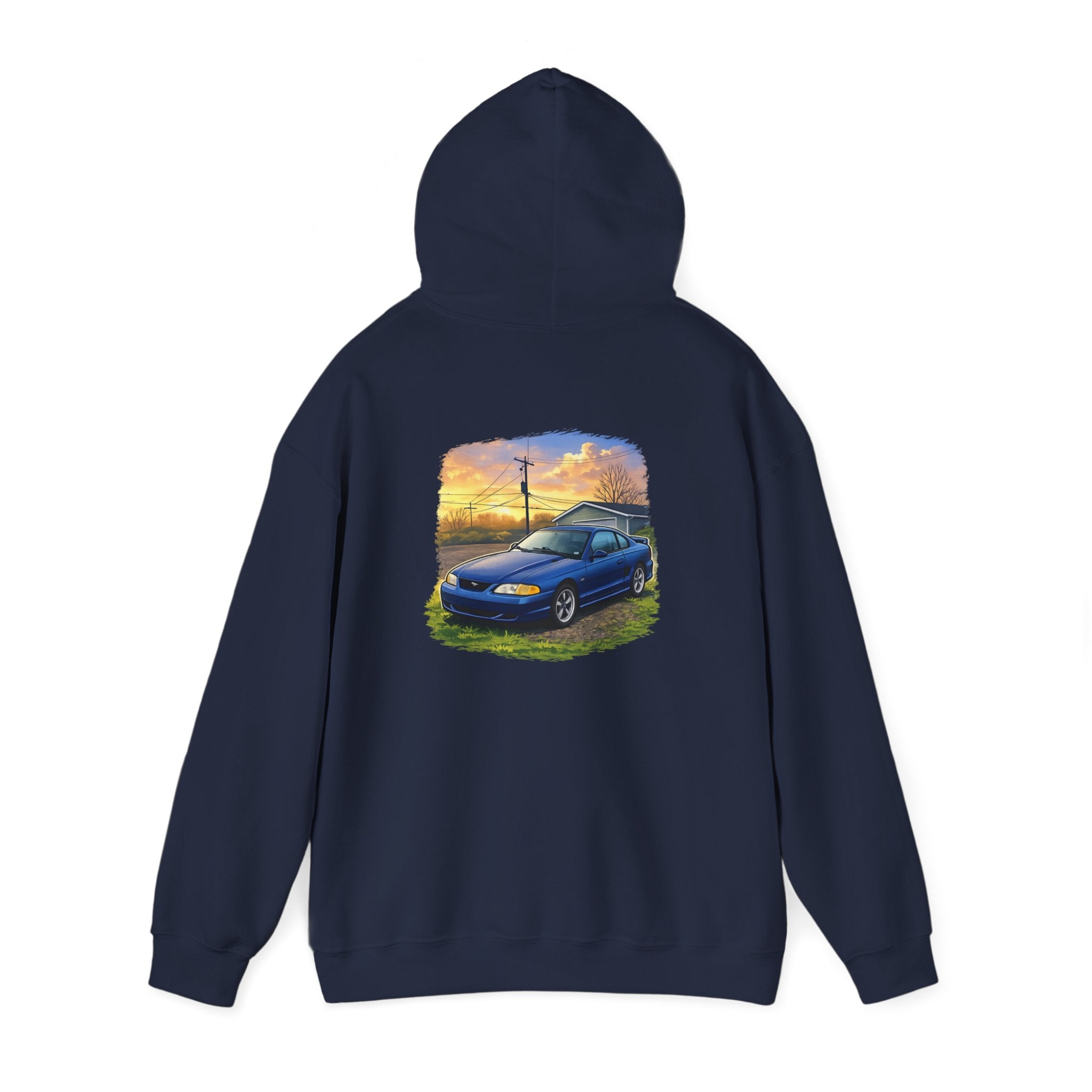 Car Sunset Hoodie – Vintage Blue Mustang Scenic Graphic Sweatshirt