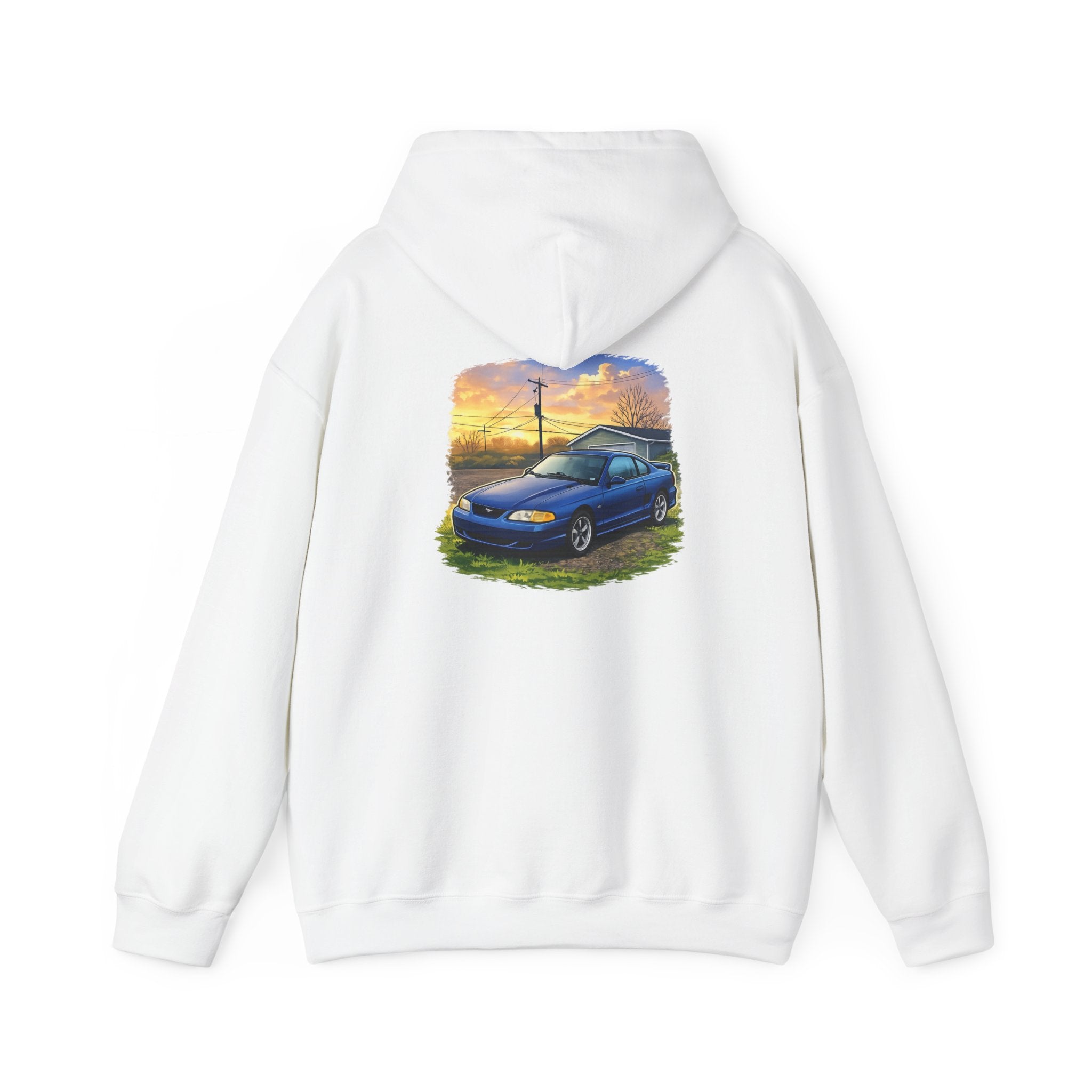 Car Sunset Hoodie – Vintage Blue Mustang Scenic Graphic Sweatshirt