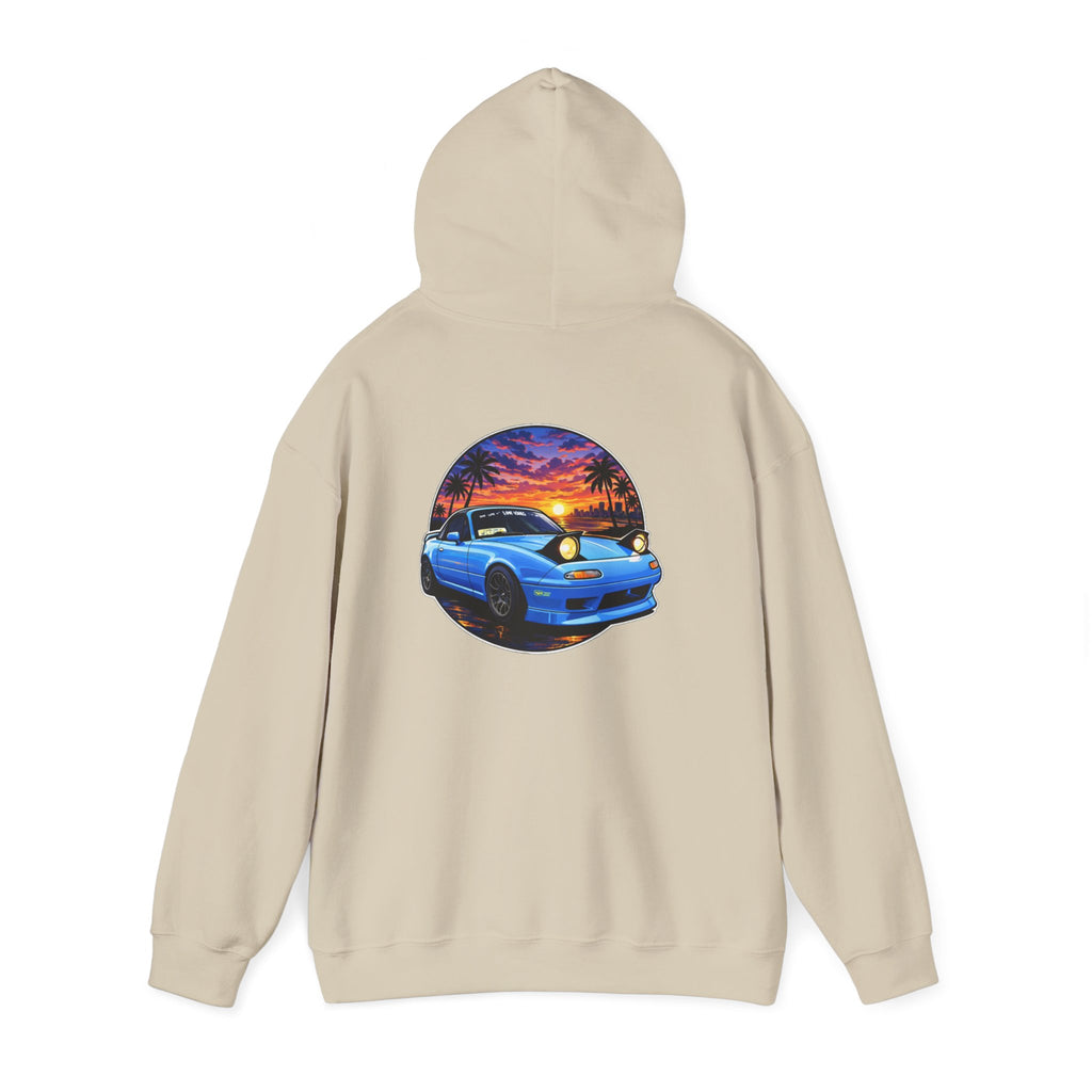 Sunset Skyline Miata Hoodie – Retro Blue Sports Car Graphic Sweatshirt