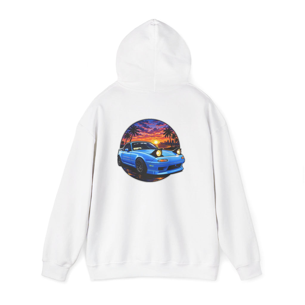 Sunset Skyline Miata Hoodie – Retro Blue Sports Car Graphic Sweatshirt