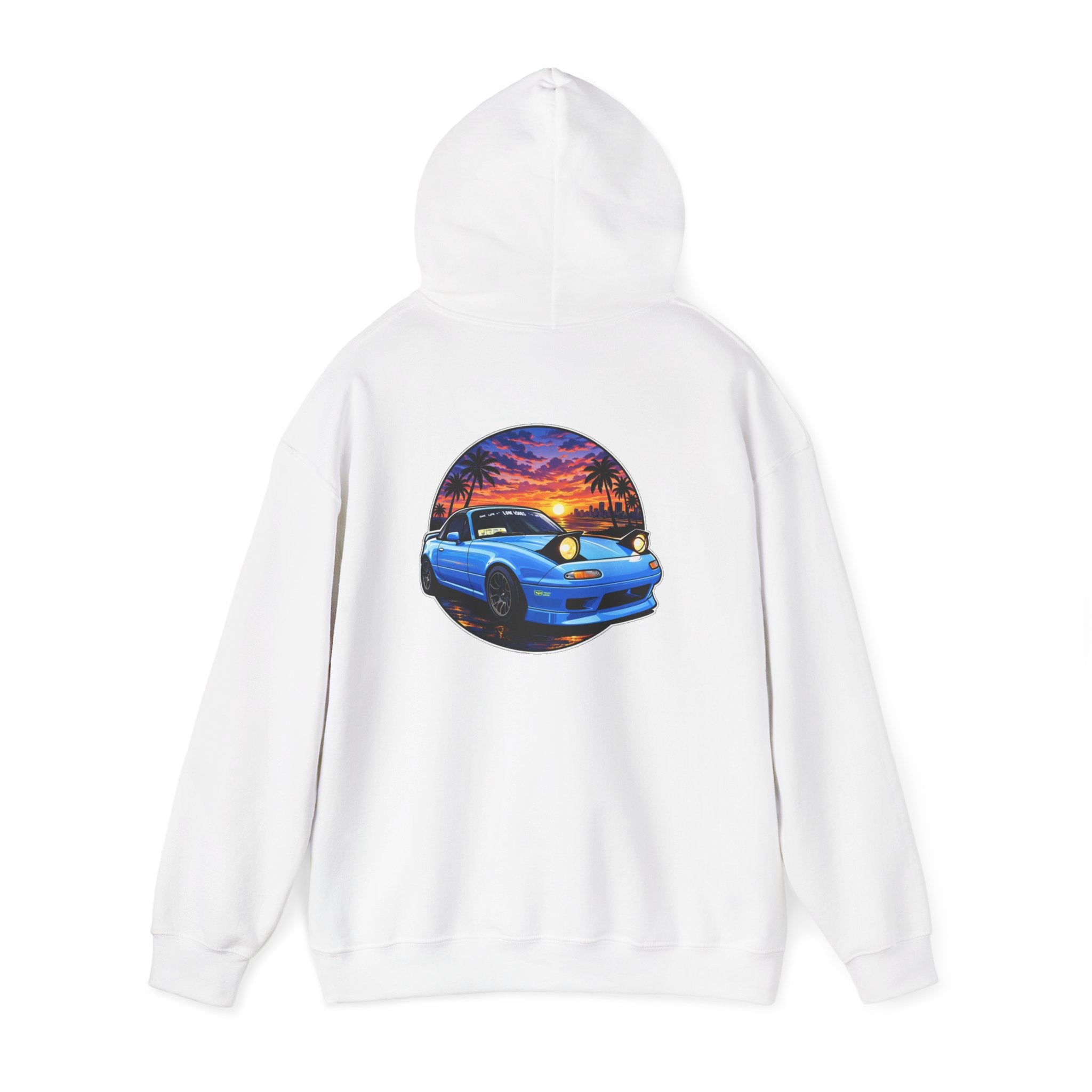 Sunset Skyline Miata Hoodie – Retro Blue Sports Car Graphic Sweatshirt
