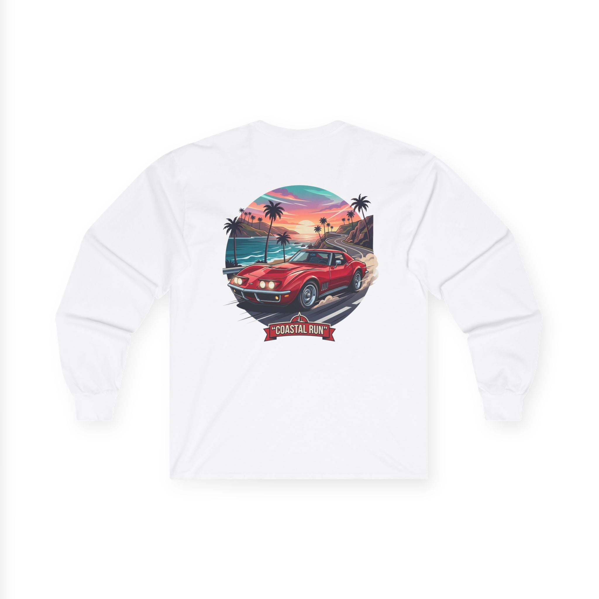 Vintage Muscle Car Long Sleeve Tee — 'Coastal Run' Retro Sunset Graphic