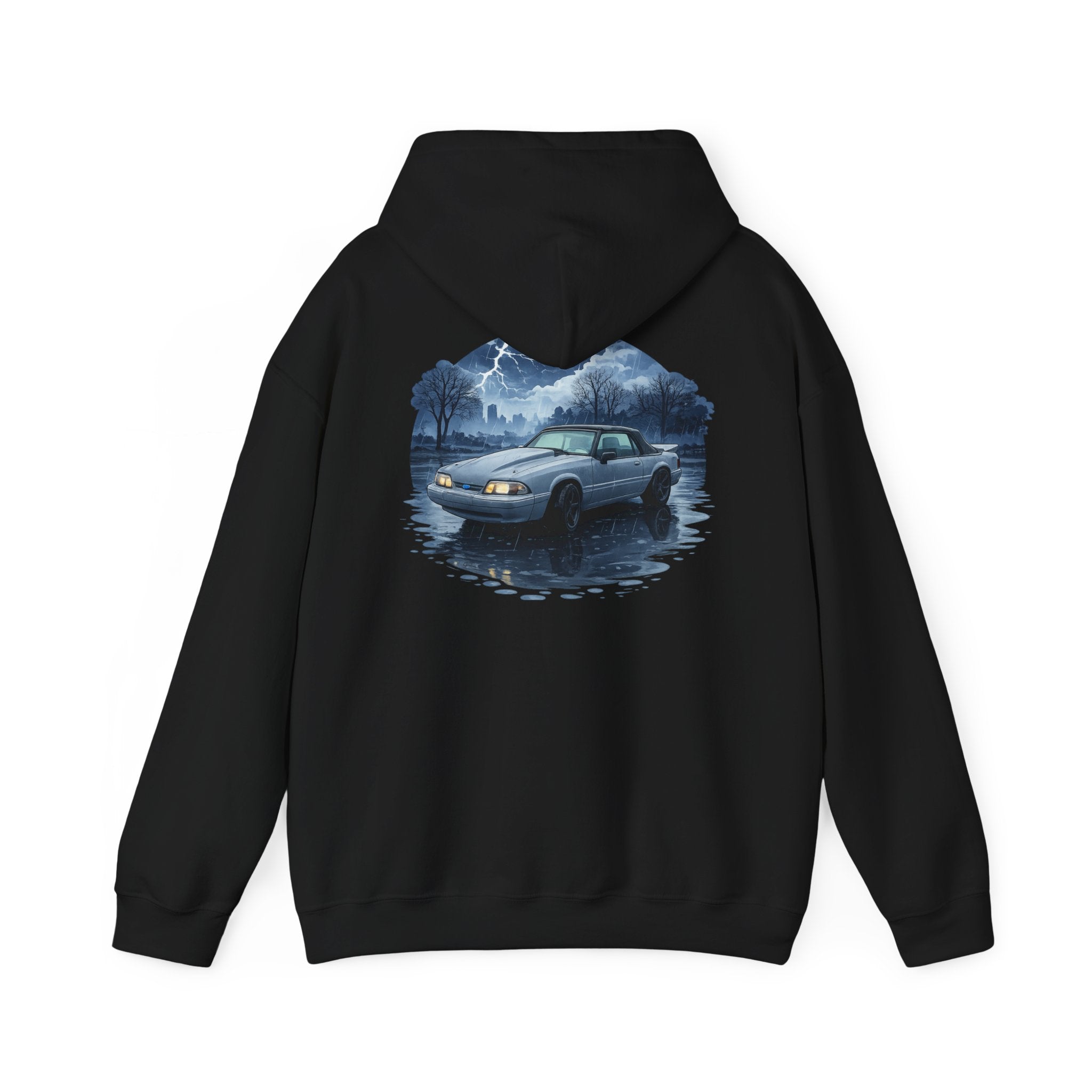 Hoodie - Retro Night Drive Mustang Hoodie (Vintage Car, Moonlit Lakeside Scene)