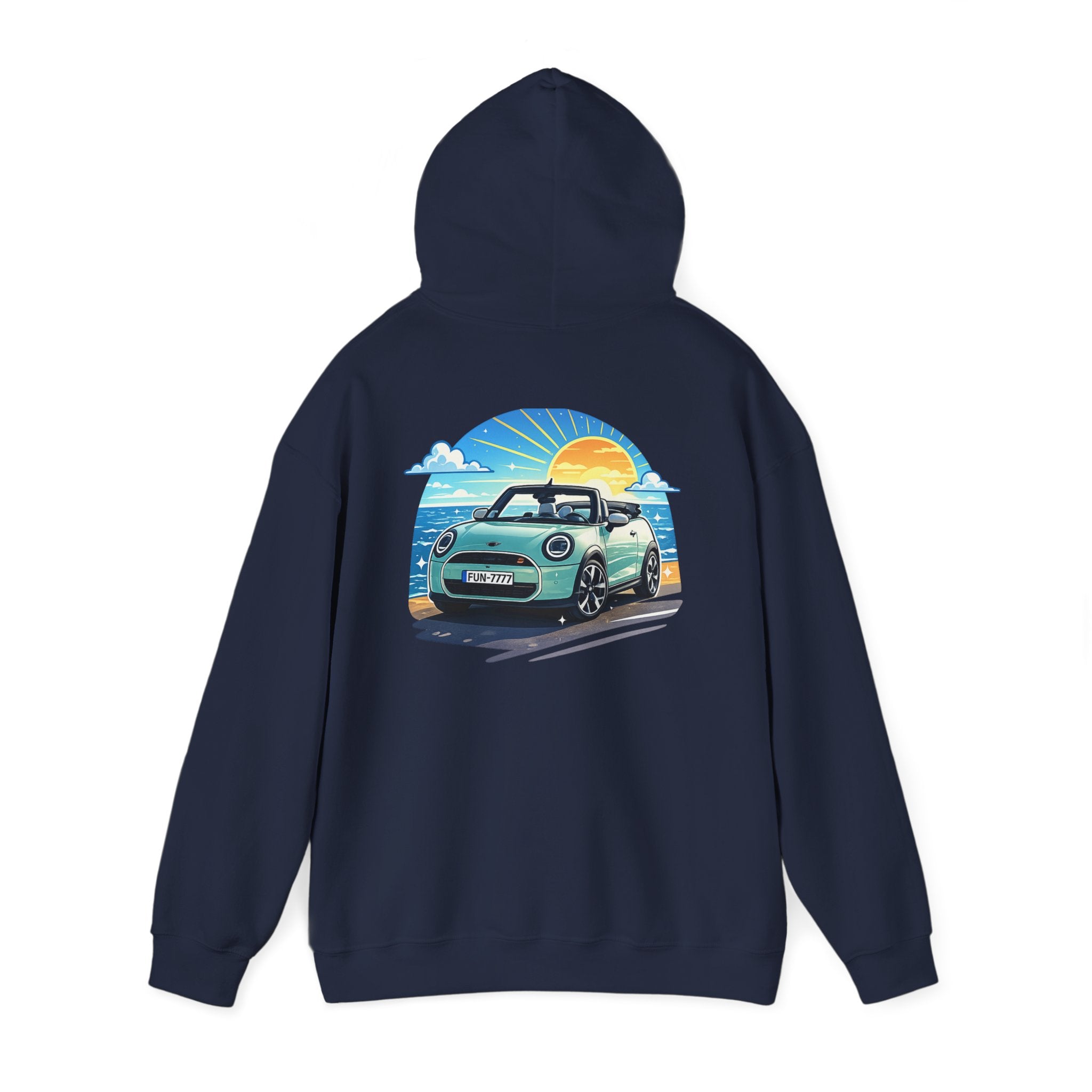Mini Cooper Beach Sunset Hoodie — Retro Car Graphic Sweatshirt