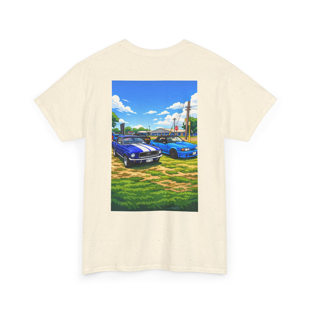T-Shirt — Vintage Muscle Cars Print Tee (Blue Mustangs Back Graphic)