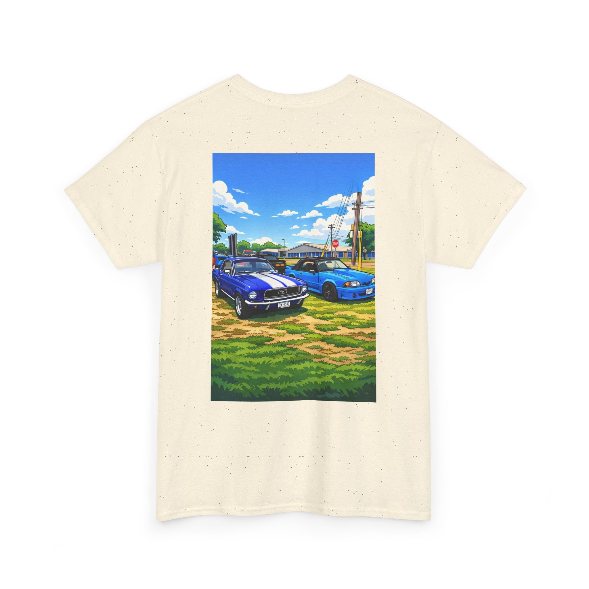 T-Shirt — Vintage Muscle Cars Print Tee (Blue Mustangs Back Graphic)