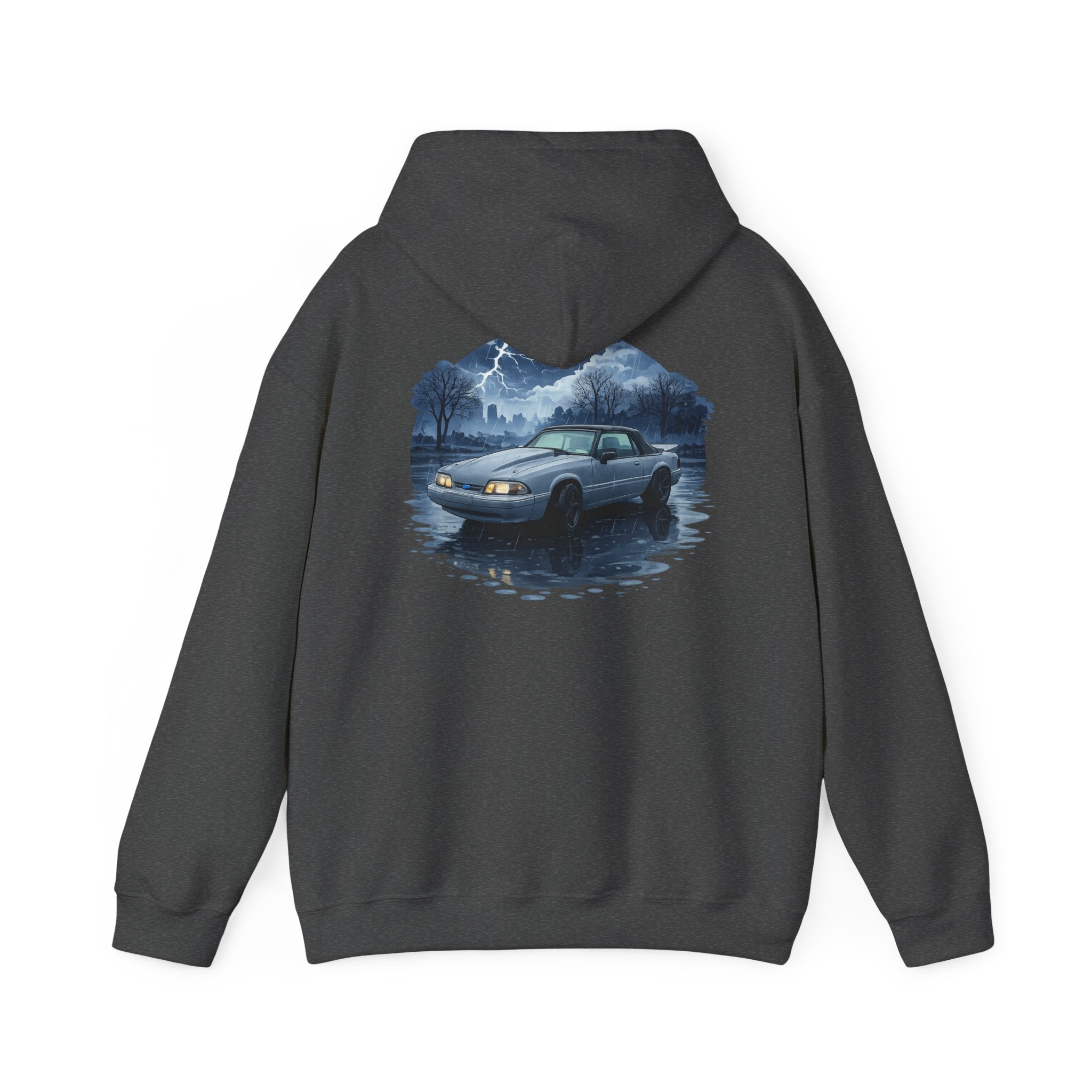 Hoodie - Retro Night Drive Mustang Hoodie (Vintage Car, Moonlit Lakeside Scene)