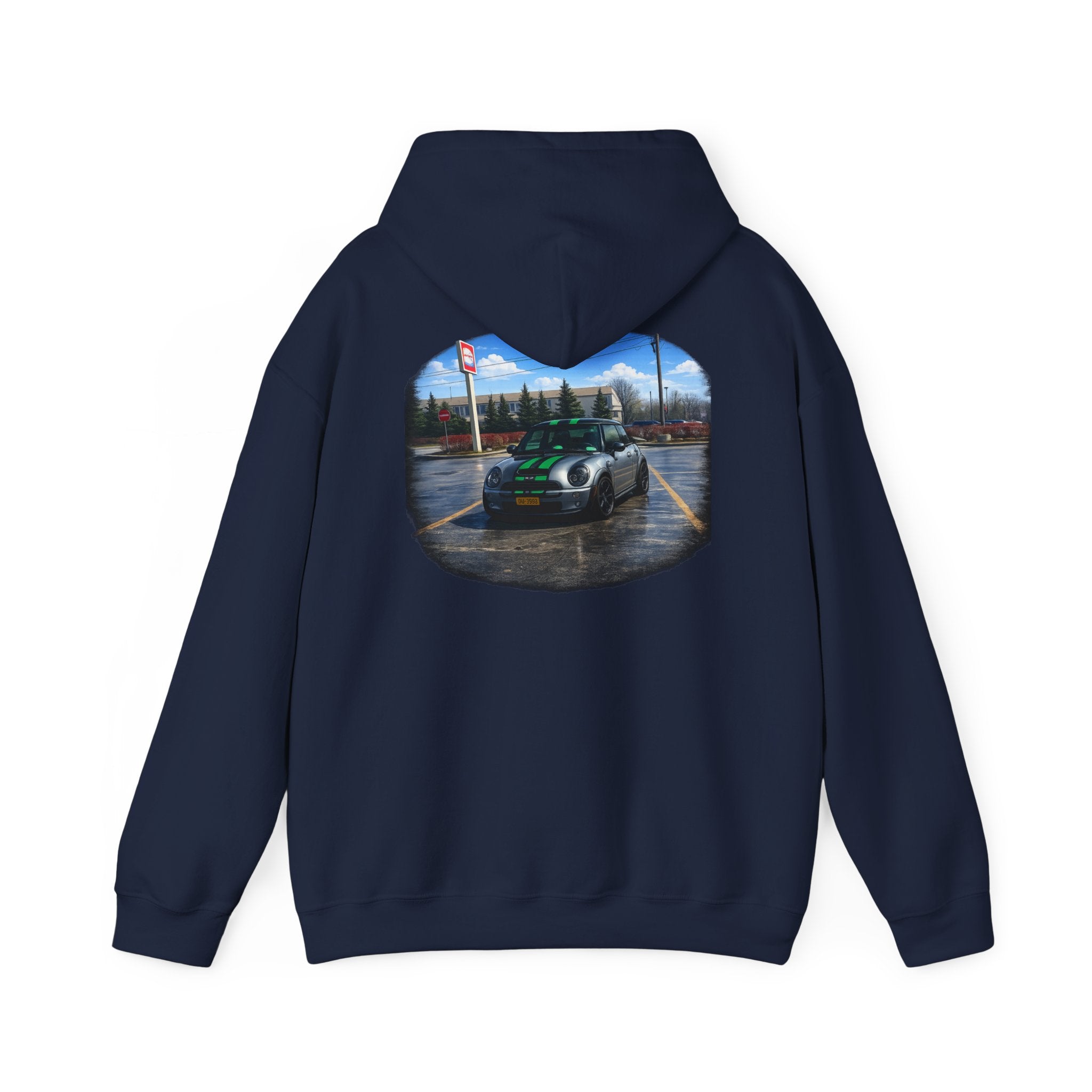 Car Enthusiast Hoodie — Mini Cooper Rainy Parking Print