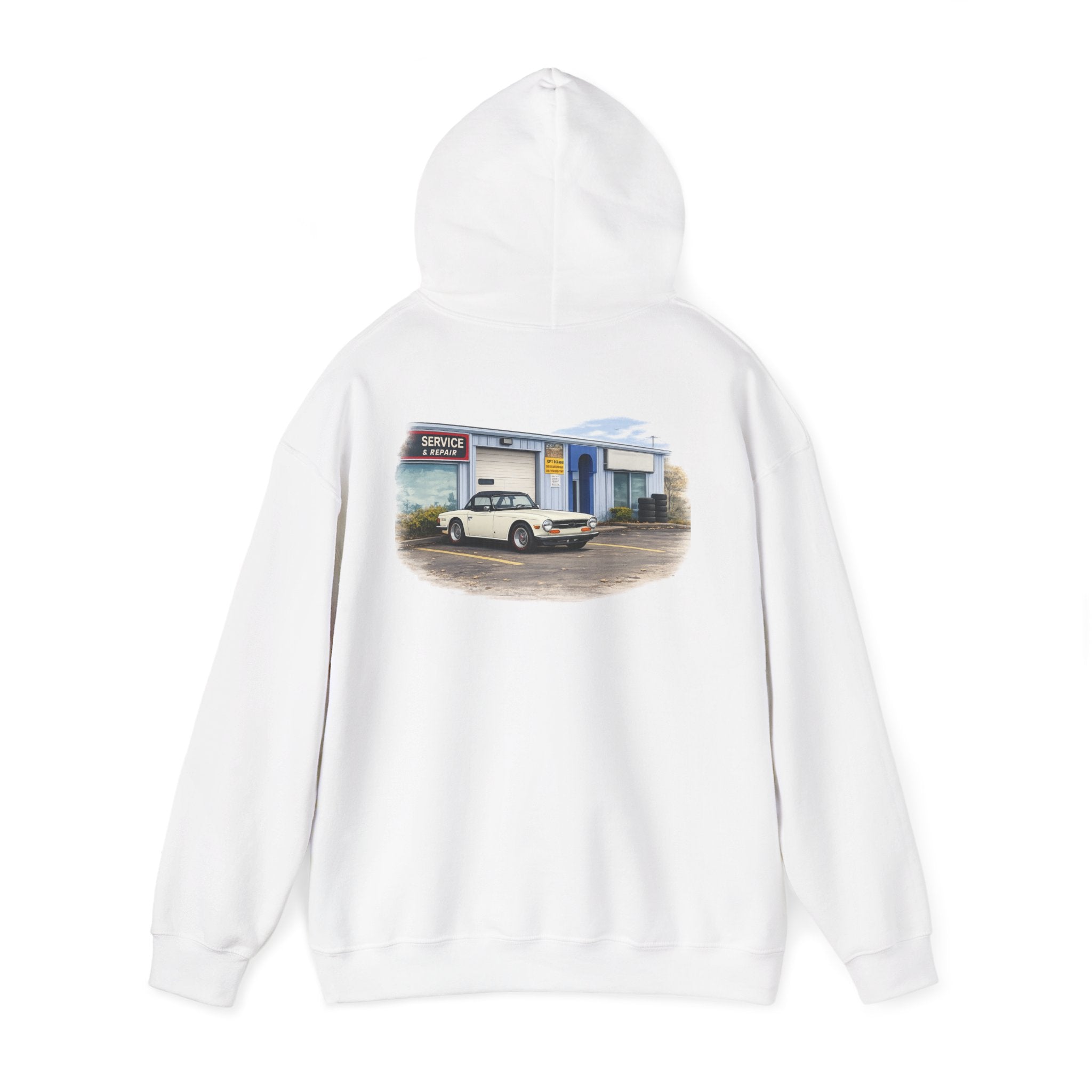 Classic Vintage Car Hooded Sweatshirt – Retro Service Station Graphic Hoodie
