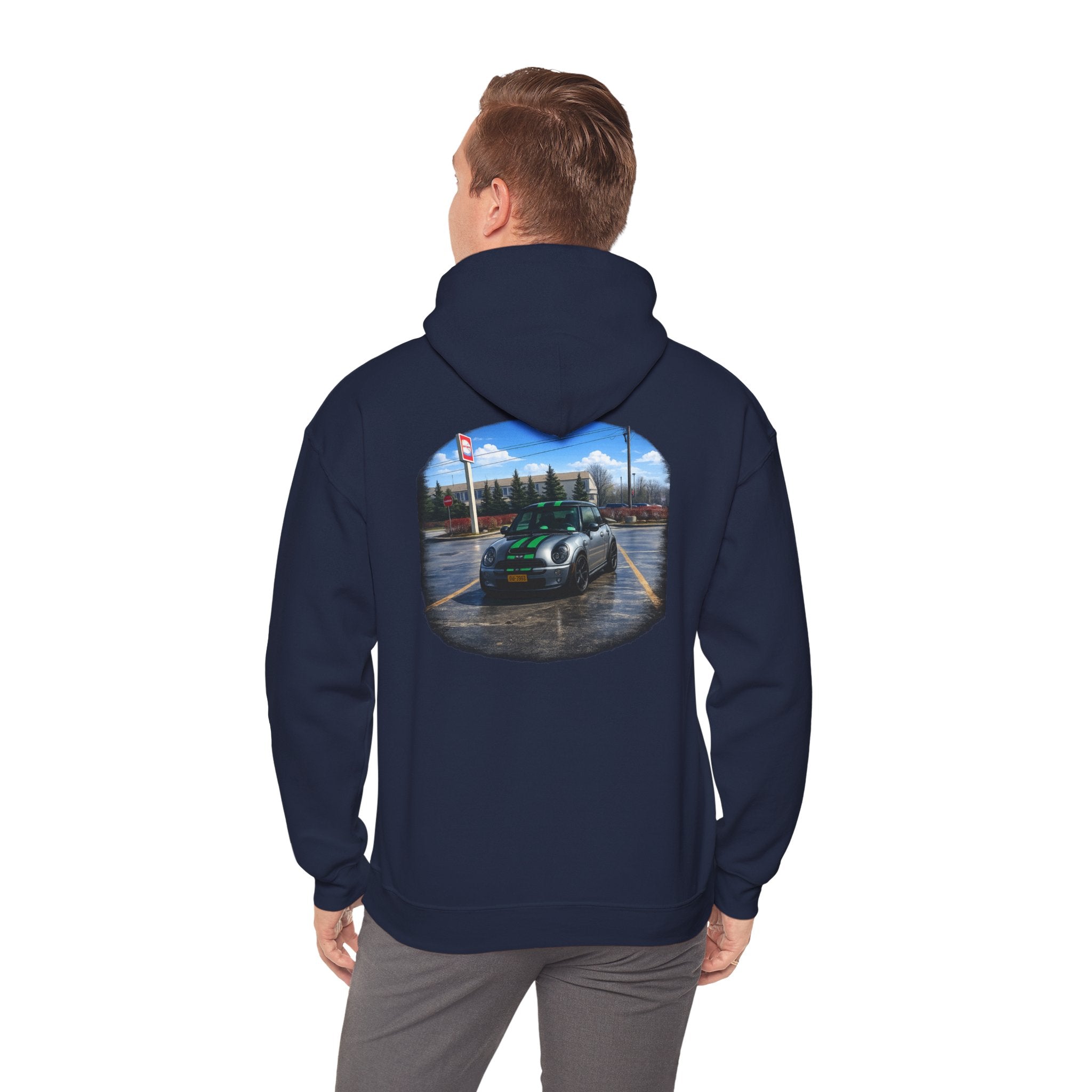 Car Enthusiast Hoodie — Mini Cooper Rainy Parking Print