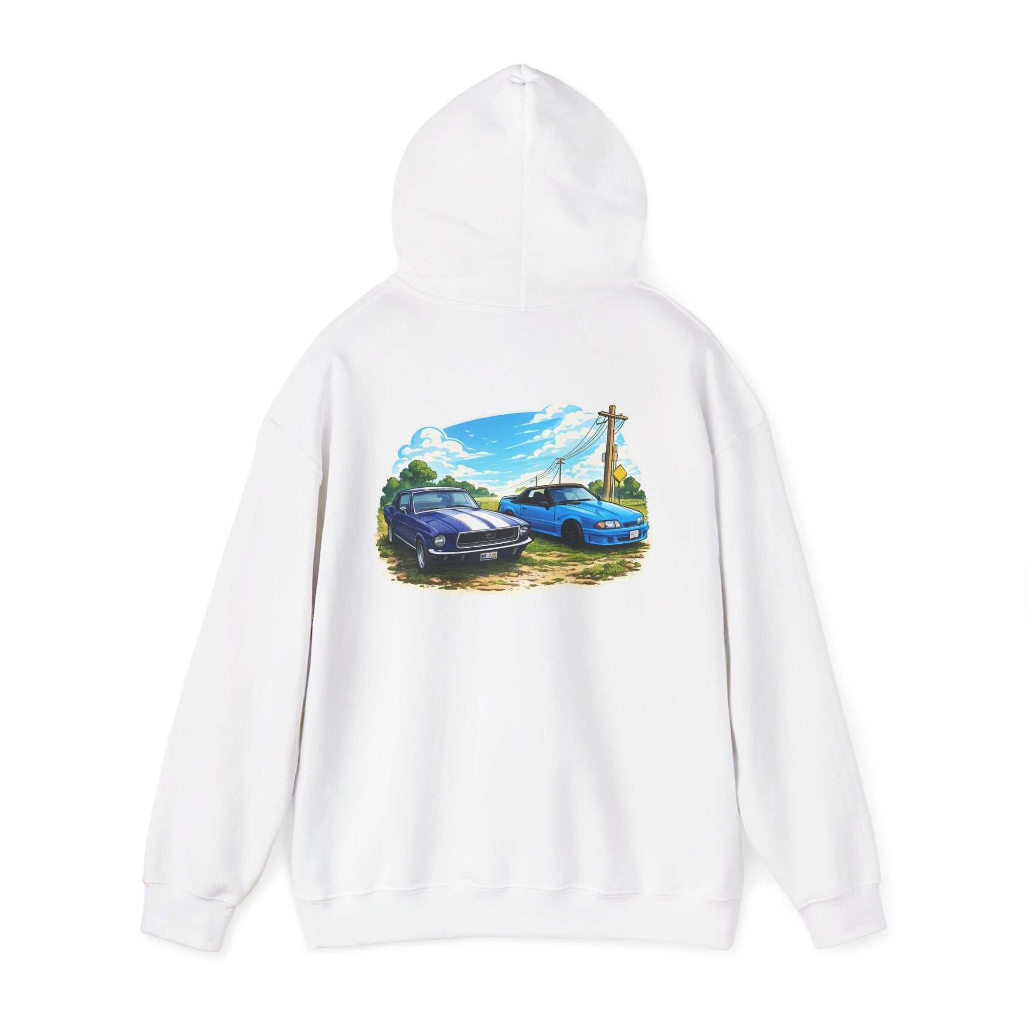 Classic Car Scene Hoodie — Vintage Two Muscle Cars Back Print
