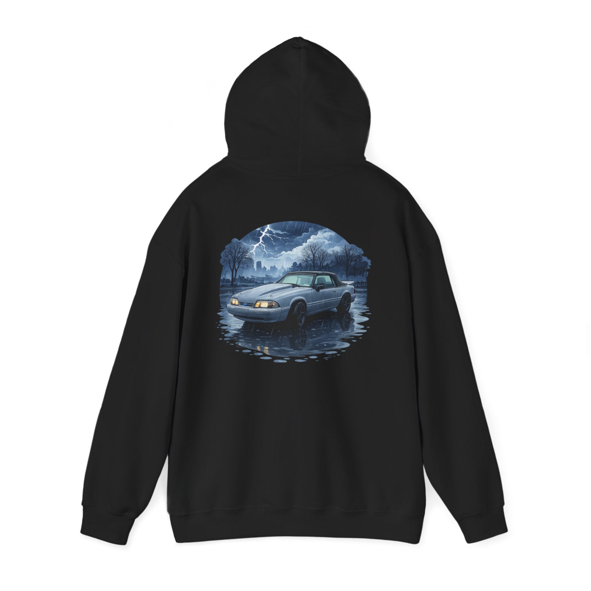 Hoodie - Retro Night Drive Mustang Hoodie (Vintage Car, Moonlit Lakeside Scene)