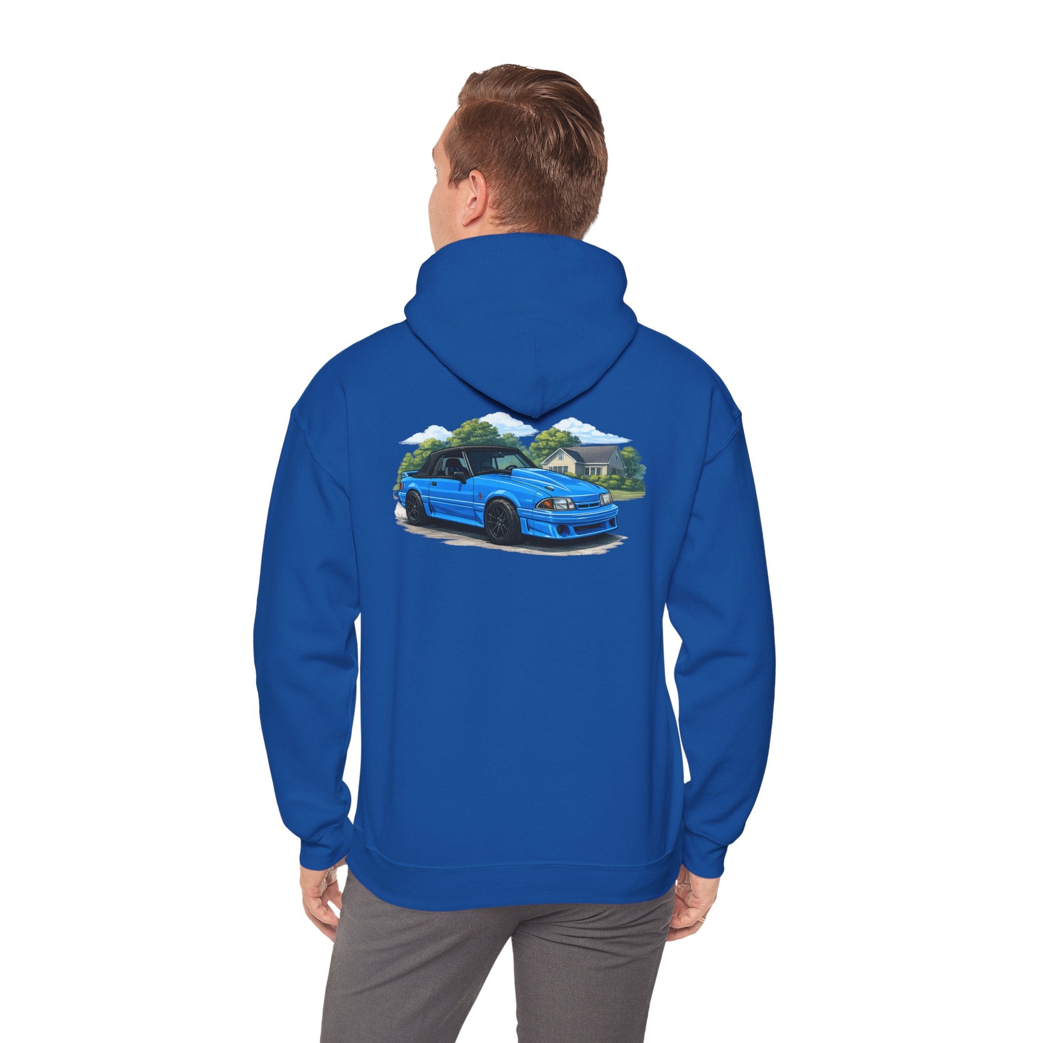 Blue Foxbody Mustang Car Hoodie — Vintage Coupe Graphic Hooded Sweatshirt