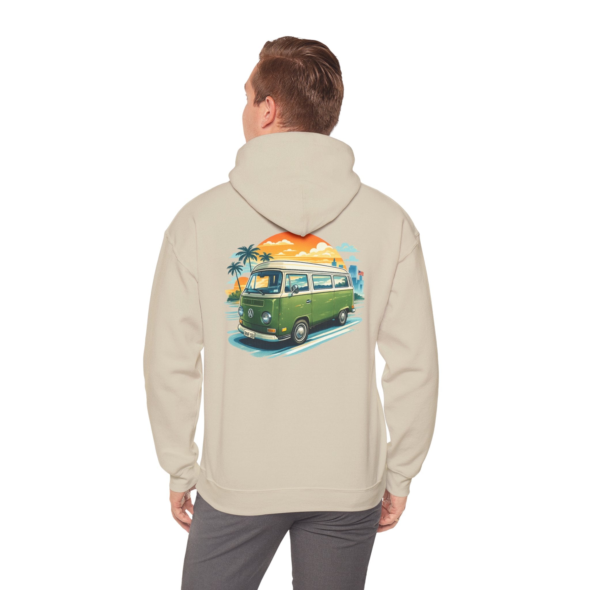 Vintage Green VW Camper Hoodie — Retro Surf Van Sunset Pullover
