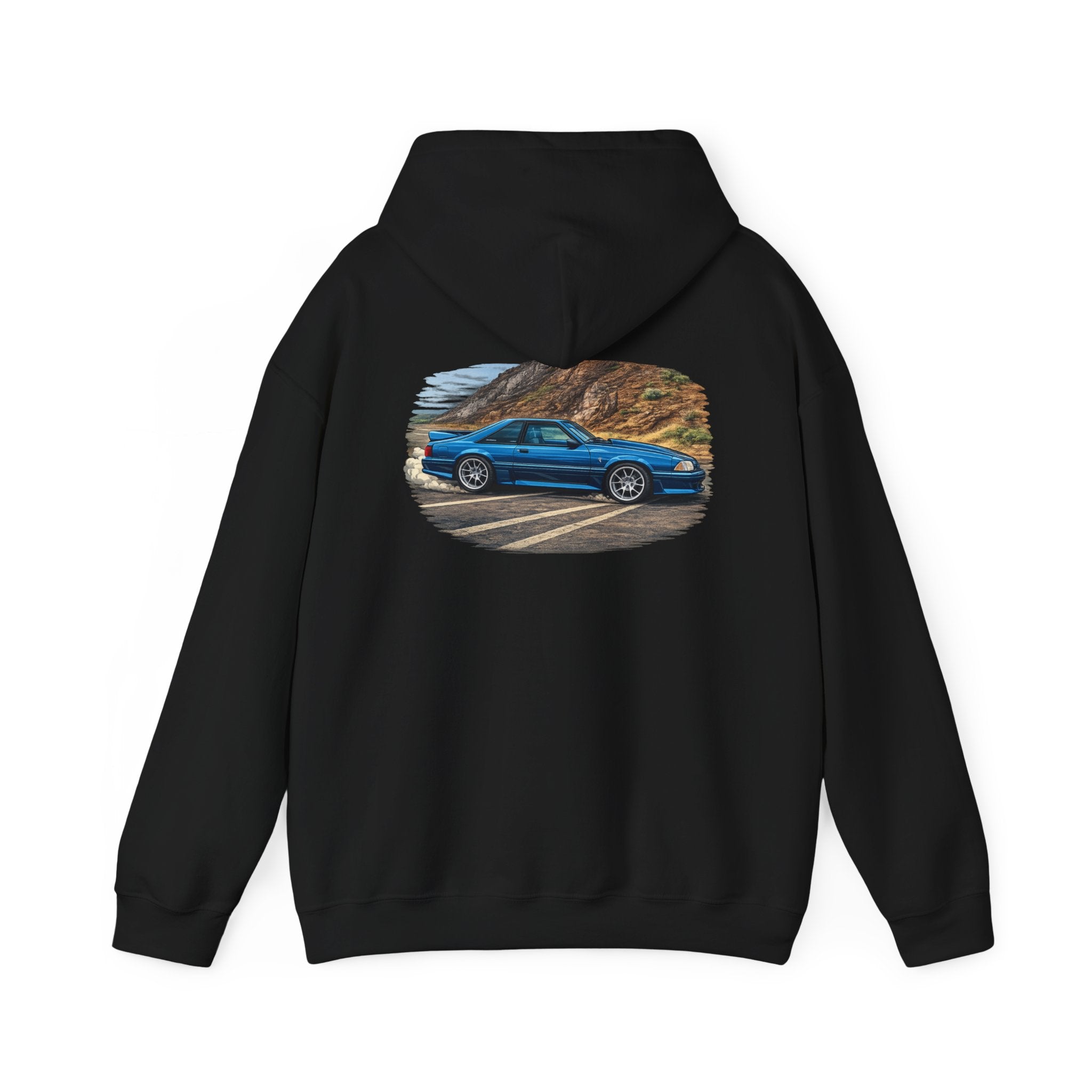 Car Enthusiast Hoodie – Blue Mustang Car Scenic Back Print