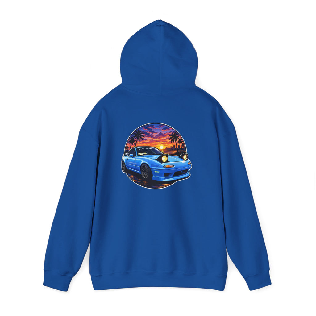 Sunset Skyline Miata Hoodie – Retro Blue Sports Car Graphic Sweatshirt