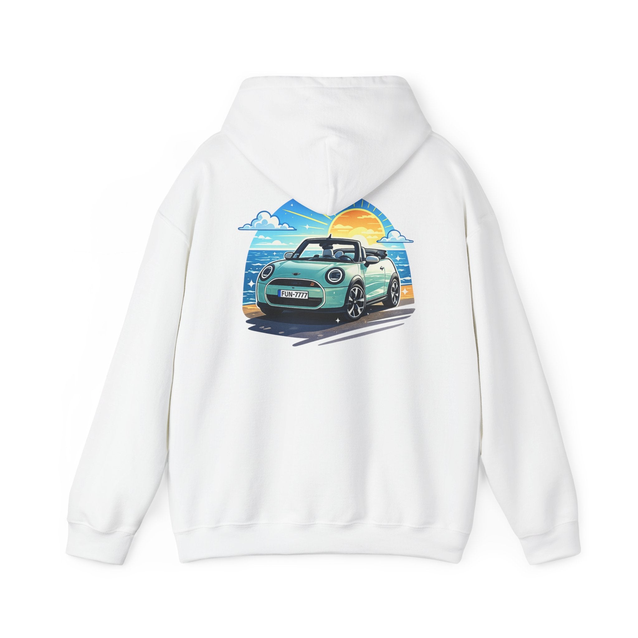 Mini Cooper Beach Sunset Hoodie — Retro Car Graphic Sweatshirt