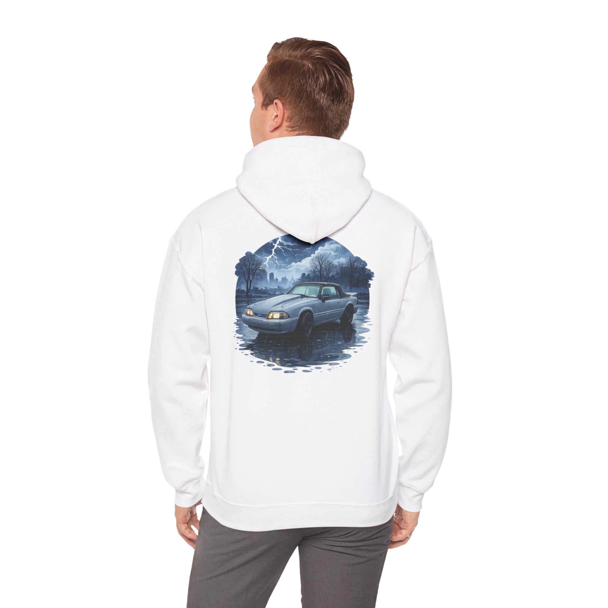 Hoodie - Retro Night Drive Mustang Hoodie (Vintage Car, Moonlit Lakeside Scene)