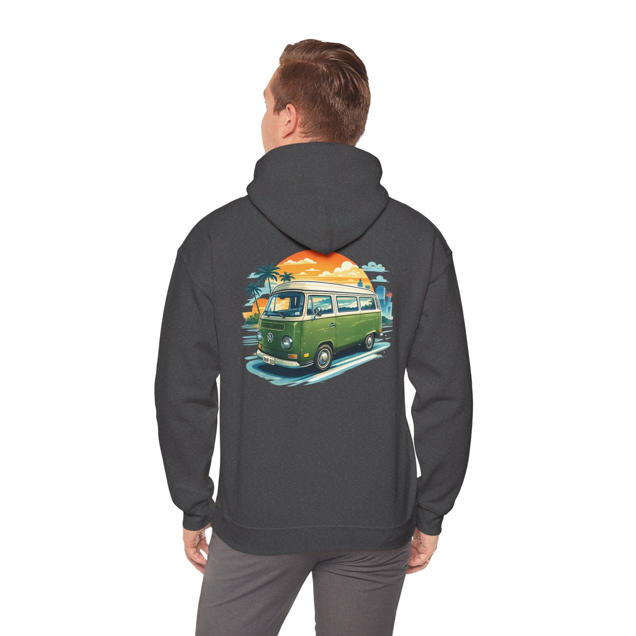Vintage Green VW Camper Hoodie — Retro Surf Van Sunset Pullover