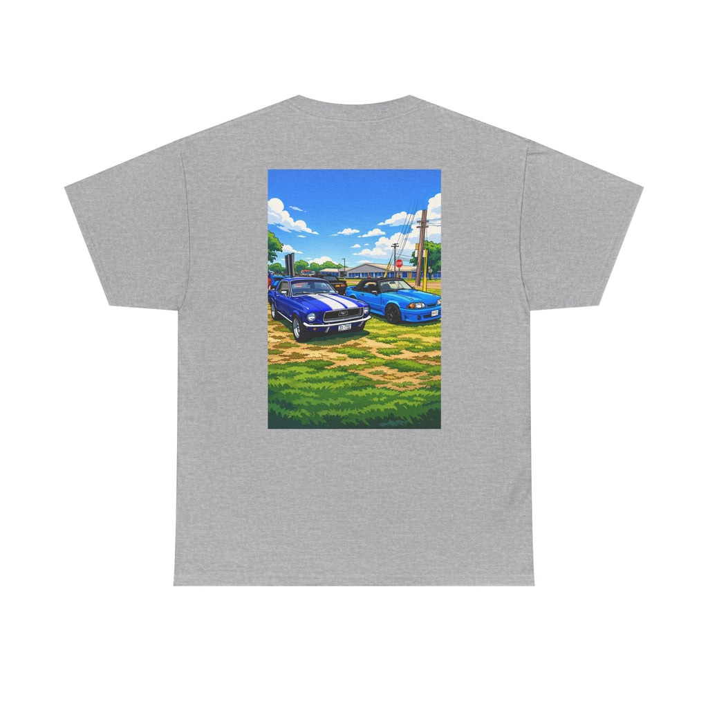 T-Shirt — Vintage Muscle Cars Print Tee (Blue Mustangs Back Graphic)