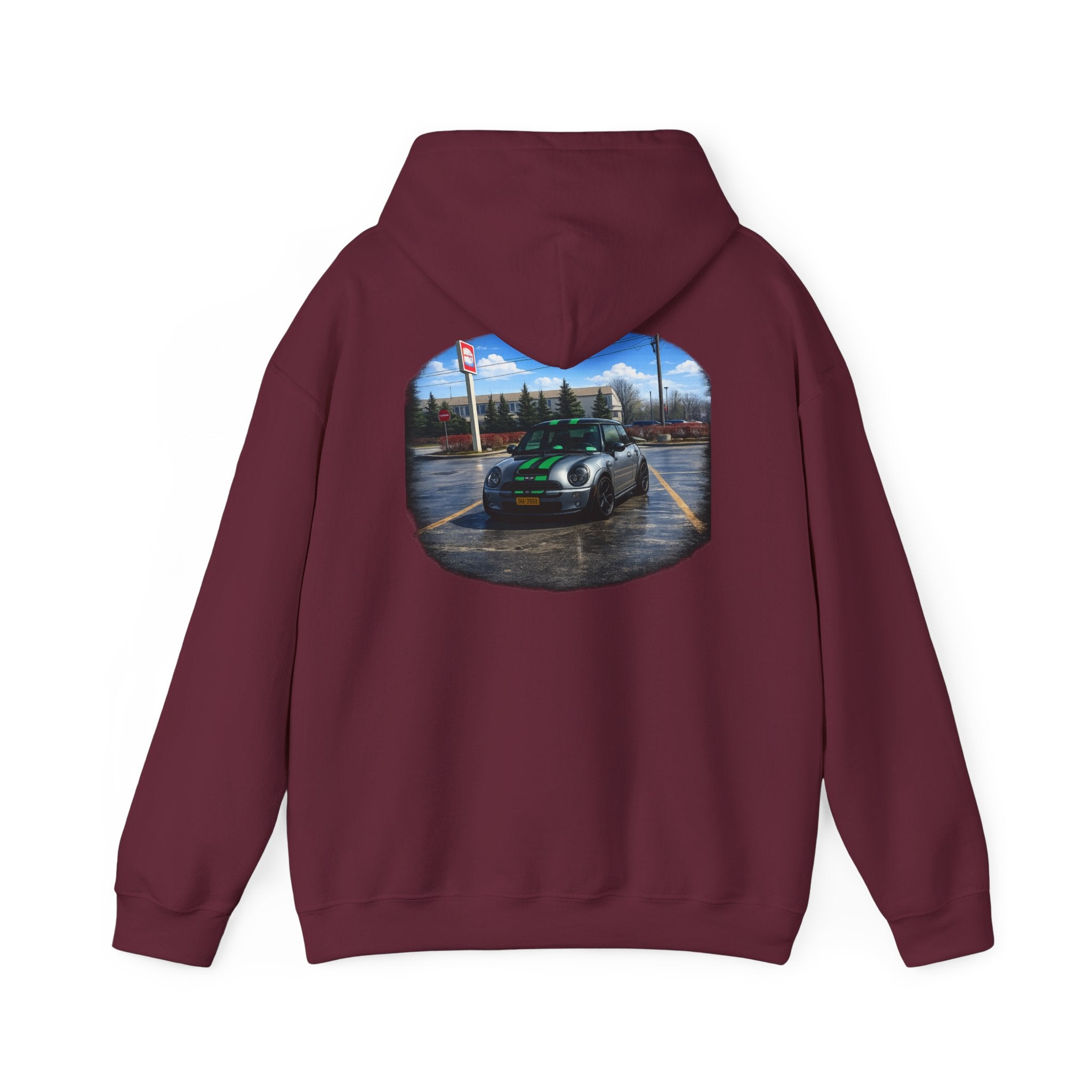 Car Enthusiast Hoodie — Mini Cooper Rainy Parking Print