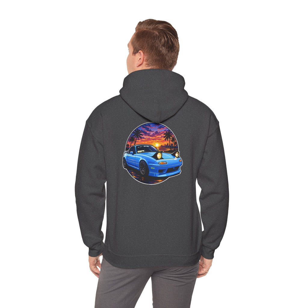 Sunset Skyline Miata Hoodie – Retro Blue Sports Car Graphic Sweatshirt