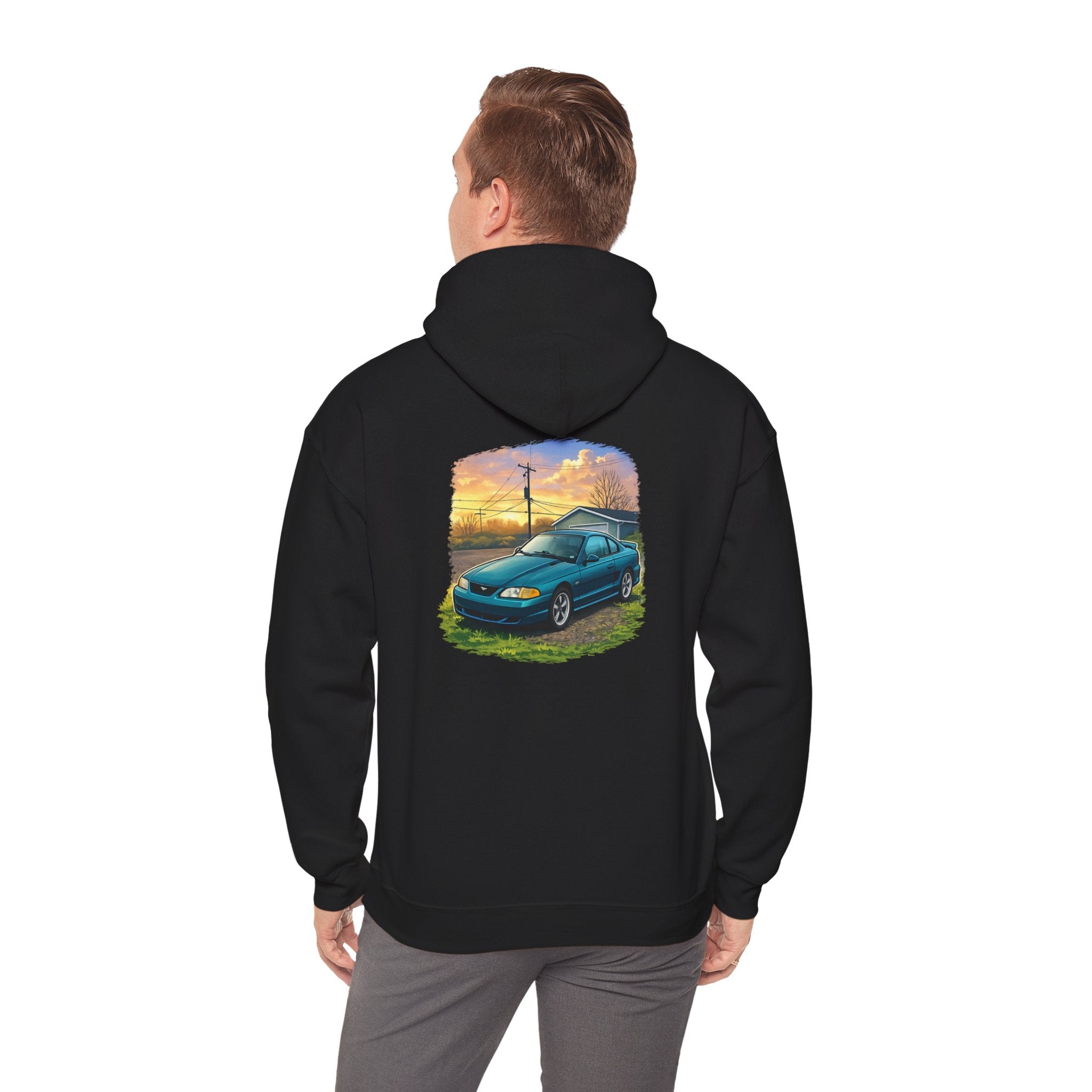 Sunset teal Mustang Hoodie — Vintage Car Sunset Graphic Hooded Sweatshirt