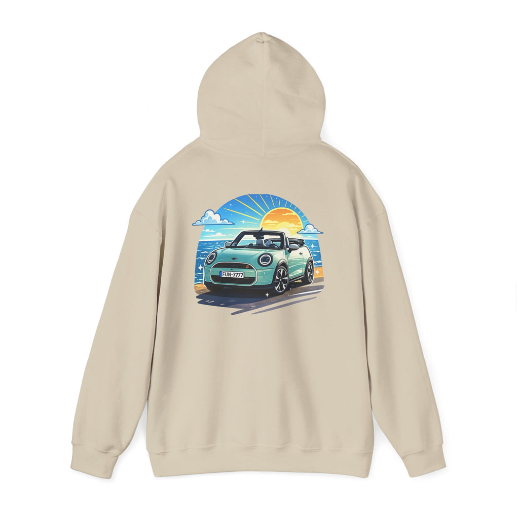 Mini Cooper Beach Sunset Hoodie — Retro Car Graphic Sweatshirt