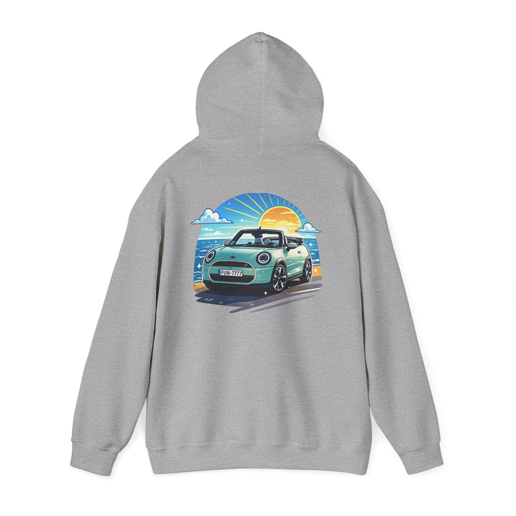 Mini Cooper Beach Sunset Hoodie — Retro Car Graphic Sweatshirt