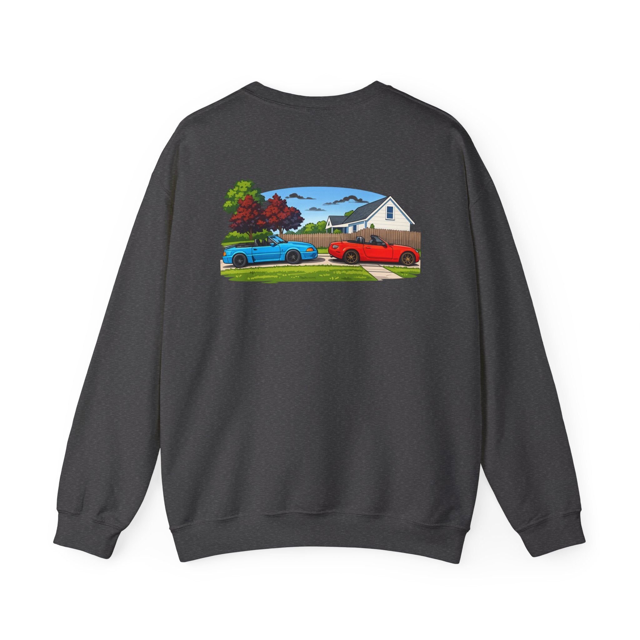 Car Meet Crewneck Sweatshirt — Vintage Muscle Cars Backyard Scene