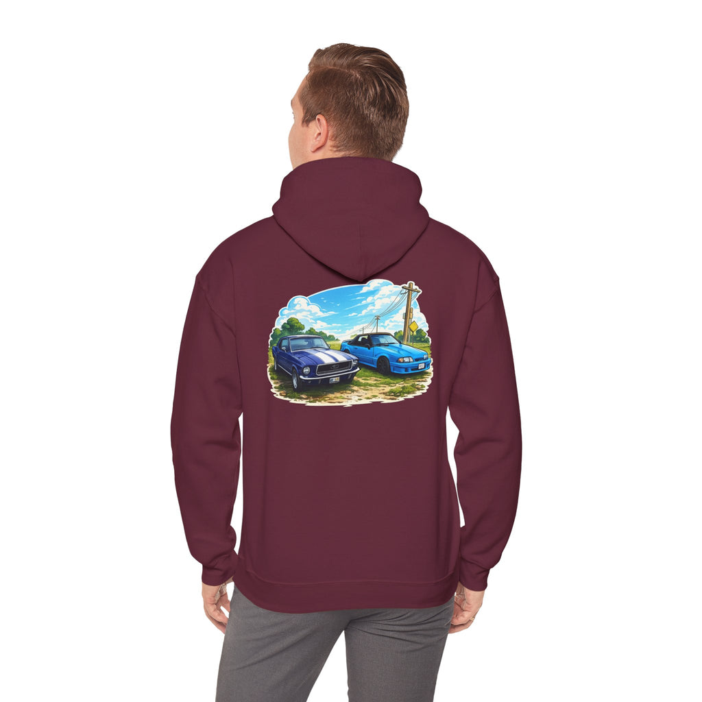 Classic Car Scene Hoodie — Vintage Two Muscle Cars Back Print