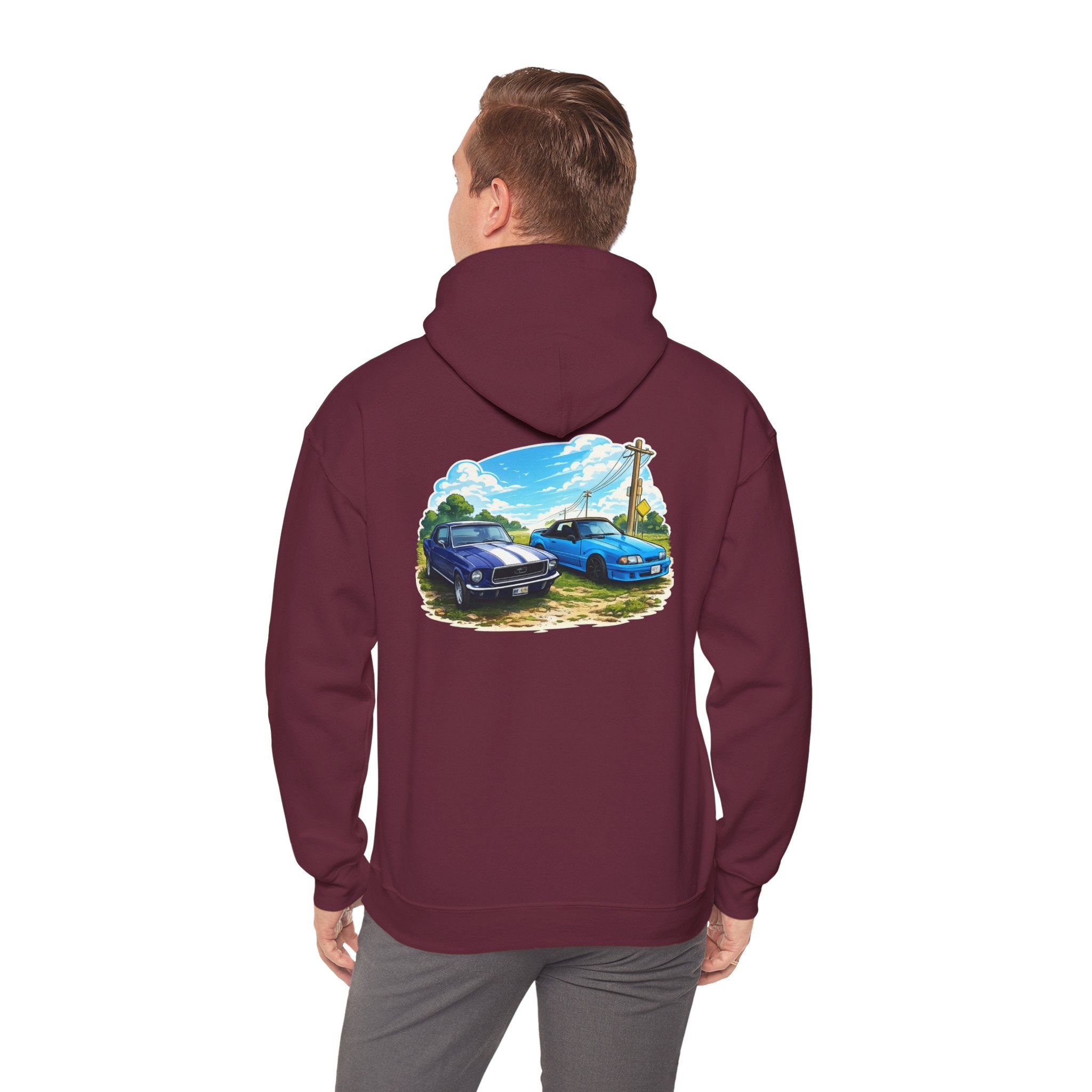 Classic Car Scene Hoodie — Vintage Two Muscle Cars Back Print