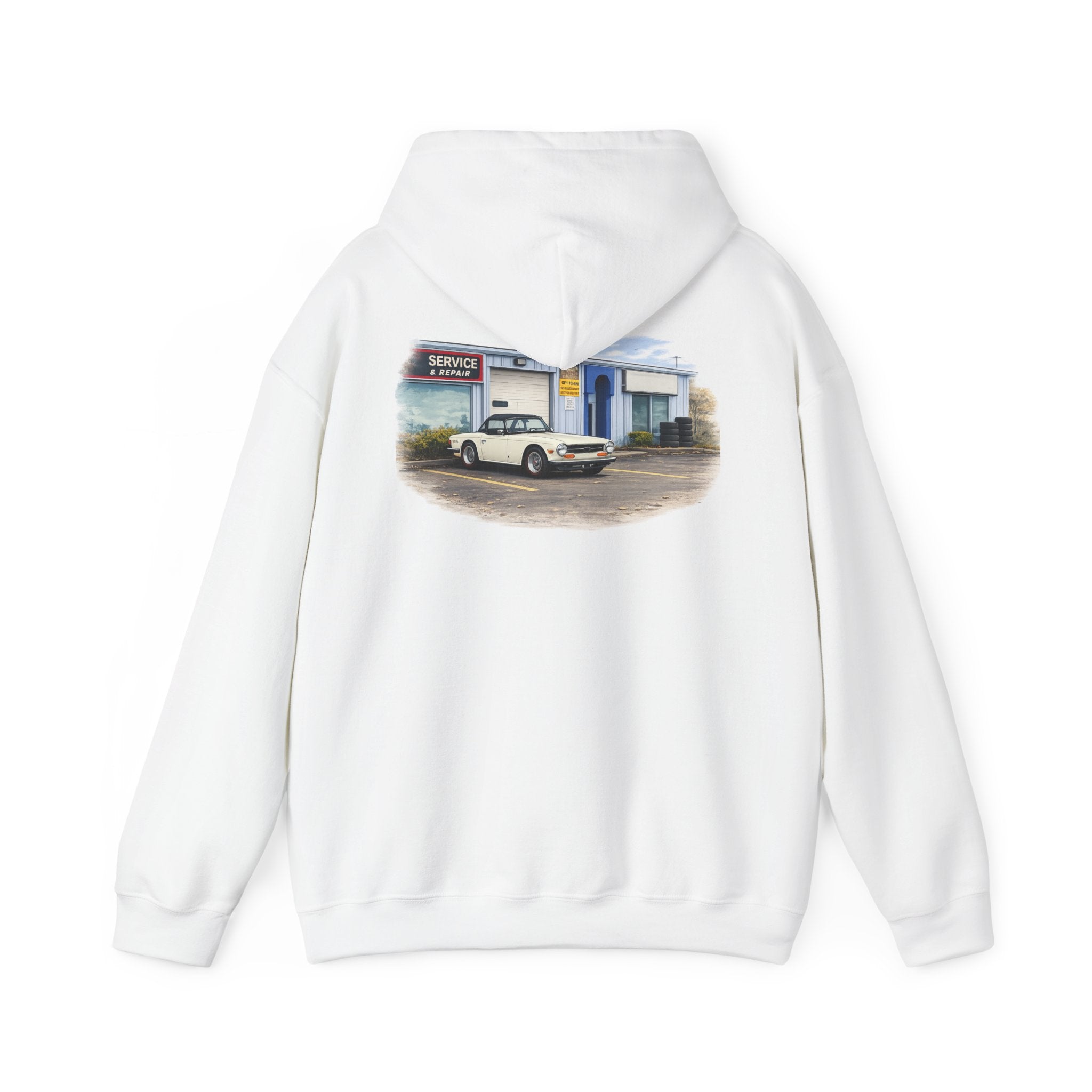 Classic Vintage Car Hooded Sweatshirt – Retro Service Station Graphic Hoodie