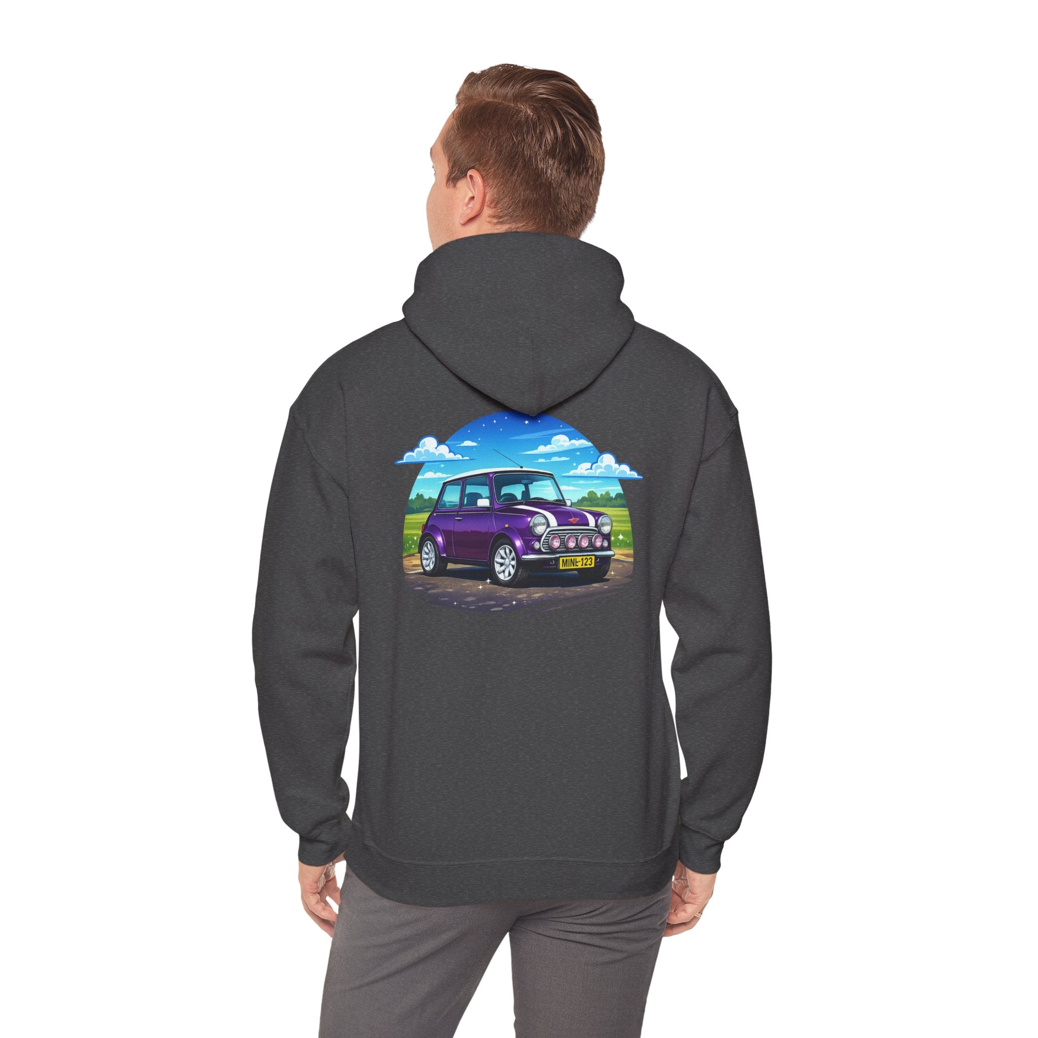 Classic Mini Cooper Hoodie — Retro Purple Car Graphic Pullover
