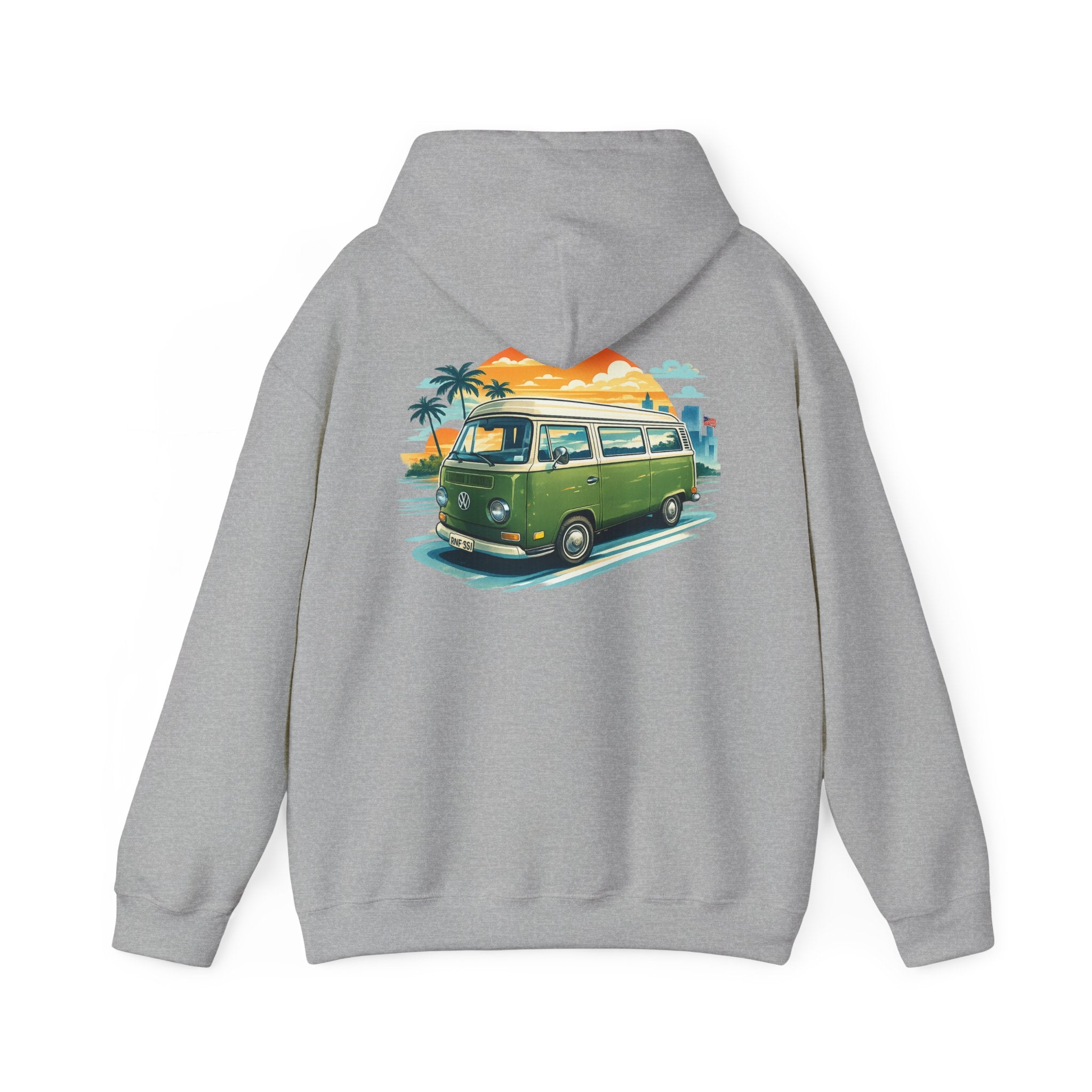 Vintage Green VW Camper Hoodie — Retro Surf Van Sunset Pullover