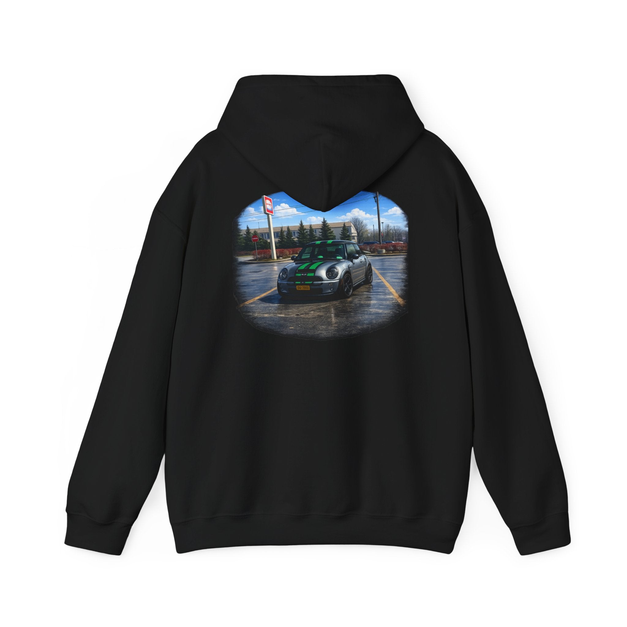 Car Enthusiast Hoodie — Mini Cooper Rainy Parking Print